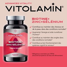 BIOTINE + ZINC + SÉLÉNIUM | VITOLAMIN® | 365 COMPRIMÉS | Contribue à la croissance des cheveux et renforce la peau et les ong