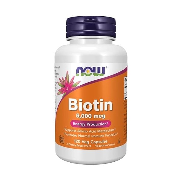 Now Foods, Biotine, 5000mcg, Vitamine B7, Hautement Dosée, 120 Capsules végétaliennes, Testé en Laboratoire, Sans Gluten, San