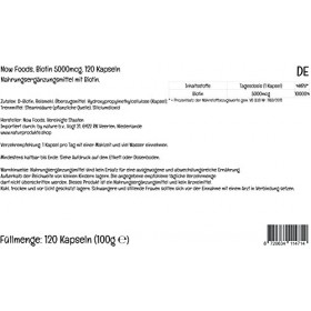 Now Foods, Biotine, 5000mcg, Vitamine B7, Hautement Dosée, 120 Capsules végétaliennes, Testé en Laboratoire, Sans Gluten, San