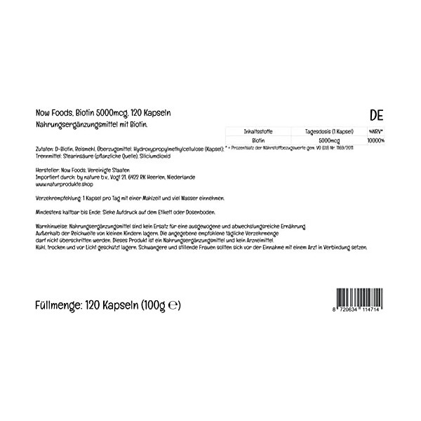Now Foods, Biotine, 5000mcg, Vitamine B7, Hautement Dosée, 120 Capsules végétaliennes, Testé en Laboratoire, Sans Gluten, San