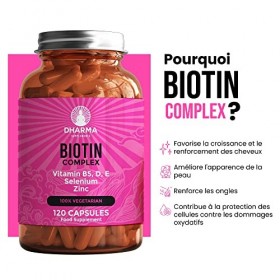 DHARMA Biotine avec des ingrédients 100% naturels pour hommes et femmes avec du zinc, du sélénium, des vitamines B5, D et E p