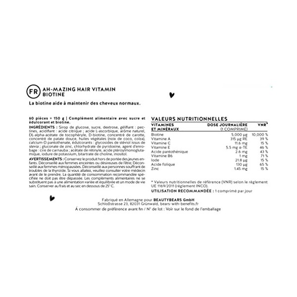Bears with Benefits Biotine hautement concentré avec 10,000 mcg - oursons gélifié - complexe de vitamines beauté pour les che