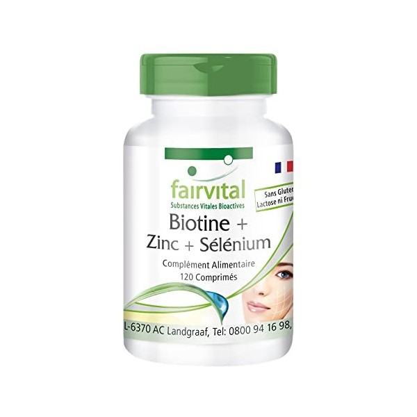 Fairvital | Biotine + Zinc + Sélénium - 120 comprimés pour 4 mois - Formule hautement dosée - Pour les cheveux, la peau et le