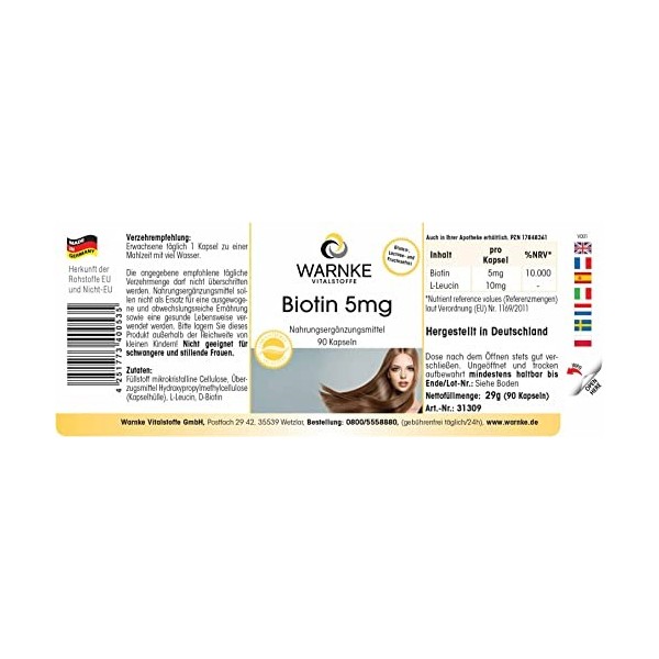 Biotine 5 mg - Fort - avec 5000mcg de Biotine par gélule - 90 gélules, vegan | Warnke Vitalstoffe