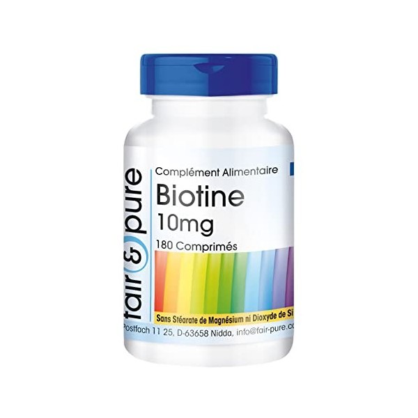 Fair & Pure® - Biotine 10mg - Fortement dosé - avec 10000 mcg de Biotine par dose journalière - Végan - 180 comprimés