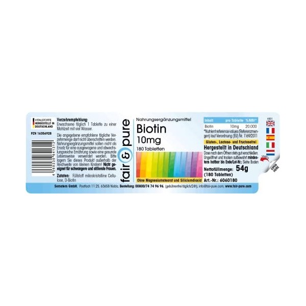 Fair & Pure® - Biotine 10mg - Fortement dosé - avec 10000 mcg de Biotine par dose journalière - Végan - 180 comprimés