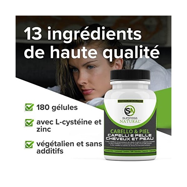 Peau & Cheveux 180 gélules hautement dosées en biotine, vitamines B1, B6, extrait de millet, zinc, acide folique & plus Testé