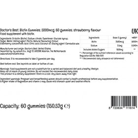 Doctors Best, Biotine Gommes, 5.000mcg, 60 Gommes végétaliennes, Testé en Laboratoire, Goût Fraise, Sans Gluten, Sans Soja, 