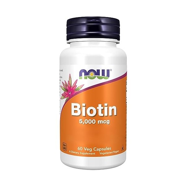 Now Foods, Biotine, 5000mcg, Vitamine B7, Haute Dosé, 60 Capsules végétaliennes, Testé en Laboratoire, Sans Gluten, Sans Soja