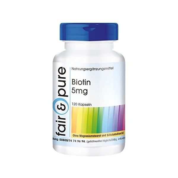 Fair & Pure® - Biotine 5mg - avec 5000mcg de biotine par gélule - hautement dosé - 120 gélules végétaliennes - fabrication de