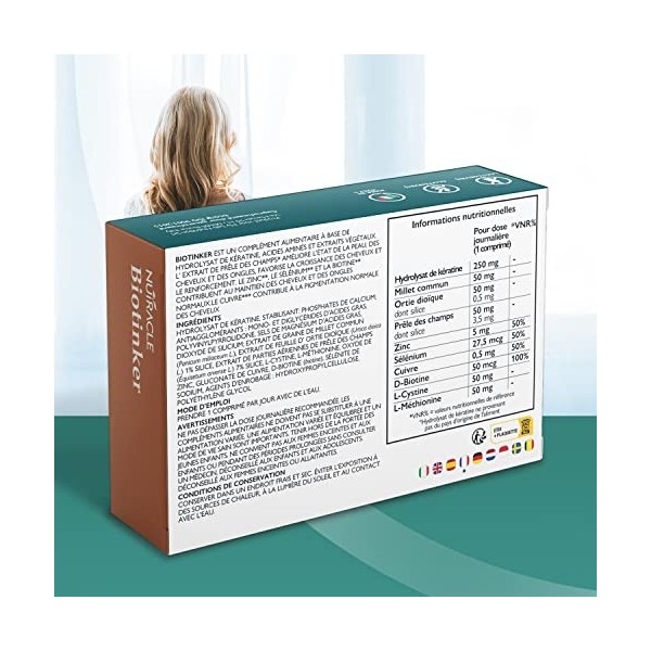 Nutracle Biotinker 30 comprimés 815 mg. Supplément Cheveux avec Biotine, Kératine, Sélénium et Zinc, Cystine et Méthionine, M