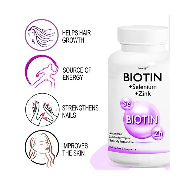 BIOTIN Line@ | 180 comprimés - 6 mois de traitement | Biotine + Sélénium + Zinc pour un mélange complet | 900% VNR