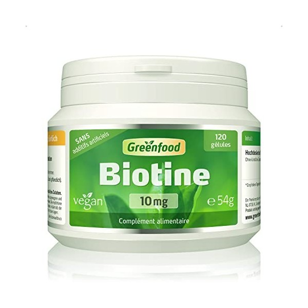 Greenfood Biotine vitamine B7 , 10 mg,dose élevée, 120 gélules - pour la peau et les cheveux Sans additifs artificiels. Sans