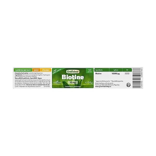 Greenfood Biotine vitamine B7 , 10 mg,dose élevée, 120 gélules - pour la peau et les cheveux Sans additifs artificiels. Sans