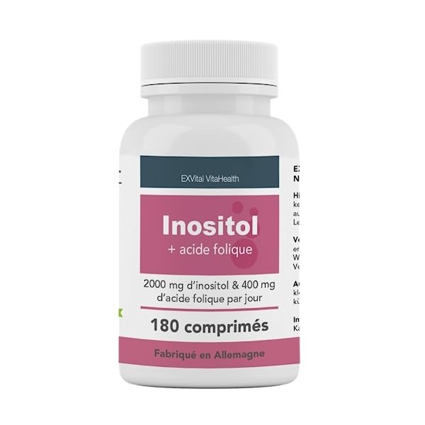 Inositol, idéalement combiné avec de lacide folique, 180 comprimés, myo-inositol pur, hautement dosé : 2000 mg dinositol & 