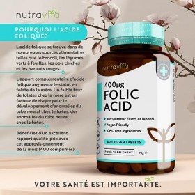 Acide folique Vitamine B9 400 mcg - 400 comprimés végans - Approvisionnement pour 13 mois - Fonctionnement normal du croiss
