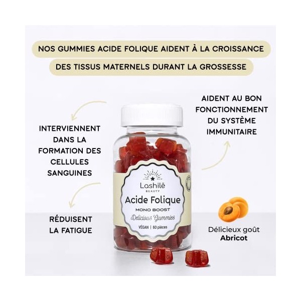 LASHILÉ BEAUTY - Compléments Alimentaires - Acide Folique - Mono Boost - Cure 1 mois - 60 Gummies - Vegan - Fabrication Franç