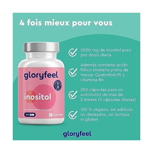 Inositol Pure en Combinaison avec lAcide Folique et Vitamine B6 Quatrefolic®, Hautement Dosée avec 2000 mg de Inositol par D