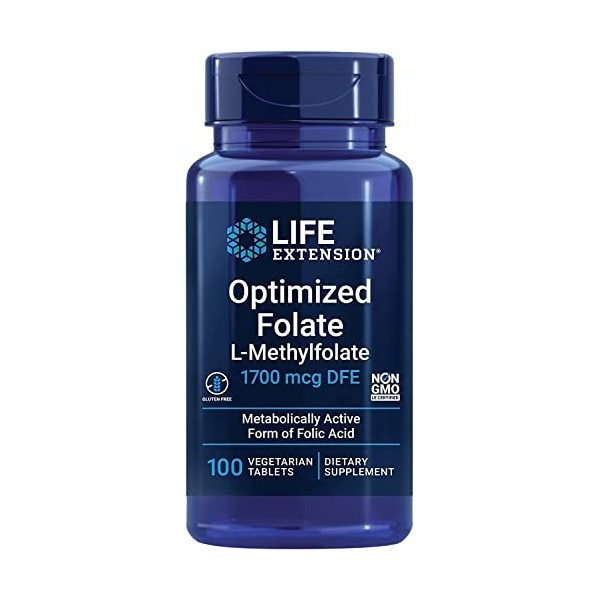 Life Extension, Optimized Folate, 5-MTHF, Hautement Dosé, 100 Comprimés végétaliens, Testé en Laboratoire, Végétarien, Sans G