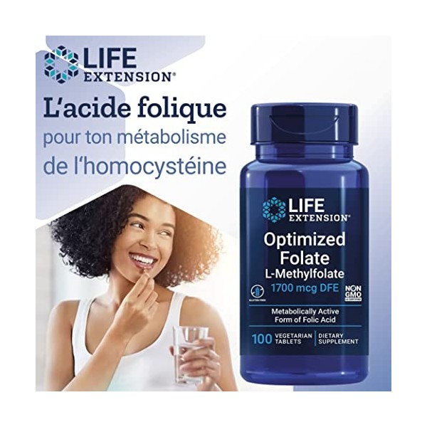 Life Extension, Optimized Folate, 5-MTHF, Hautement Dosé, 100 Comprimés végétaliens, Testé en Laboratoire, Végétarien, Sans G