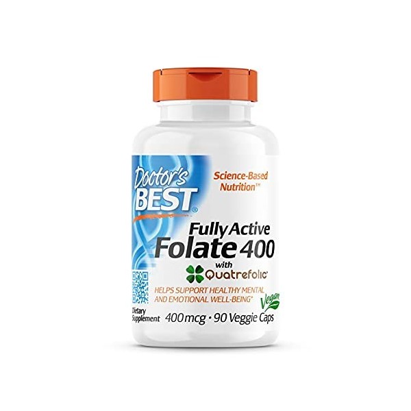 Doctors Best, Fully Active Folate Acide Folique , avec Quatrefolic, 400 mcg, 90 Capsules végétaliennes, Vitamine C, Testé e