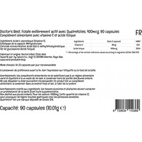 Doctors Best, Fully Active Folate Acide Folique , avec Quatrefolic, 400 mcg, 90 Capsules végétaliennes, Vitamine C, Testé e