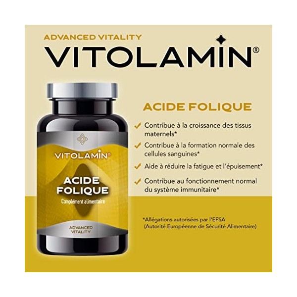 ACIDE FOLIQUE | VITOLAMIN® | 400 COMPRIMÉS | Vitamine B9 | Contribue au fonctionnement normal du système immunitaire et à la 