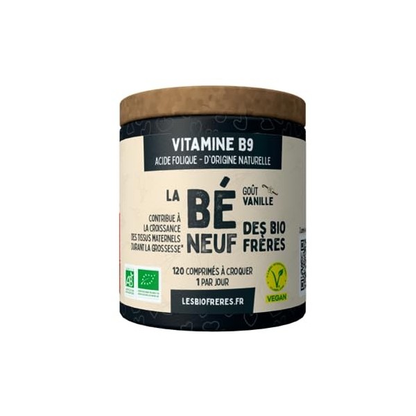 Vitamine B9 – Acide Folique – 120 comprimés à croquer – Arôme naturel et végan – Goût Vanille – 4 mois de cure – Compléments 