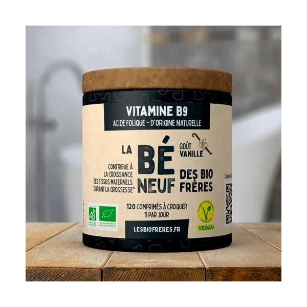 Vitamine B9 – Acide Folique – 120 comprimés à croquer – Arôme naturel et végan – Goût Vanille – 4 mois de cure – Compléments 
