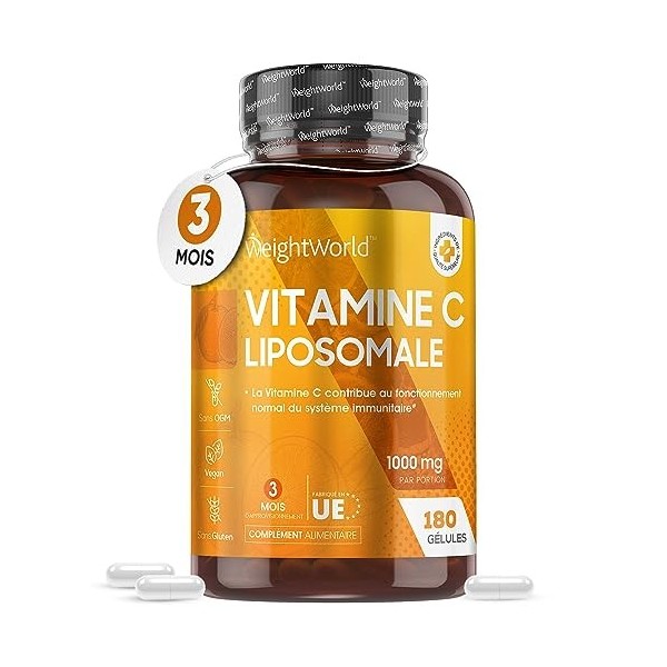 Vitamine C Liposomale 1000 mg - 180 Gélules Vegan 3 mois - Acide Ascorbique Haute Absorption avec Extrait dÉglantier Cyno