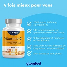 Vitamine C 1000mg 200 Comprimés Végétaliens 7 Mois , Vitamine C Hautement Concentré, Système Immunitaire*, Biodisponible, Sa