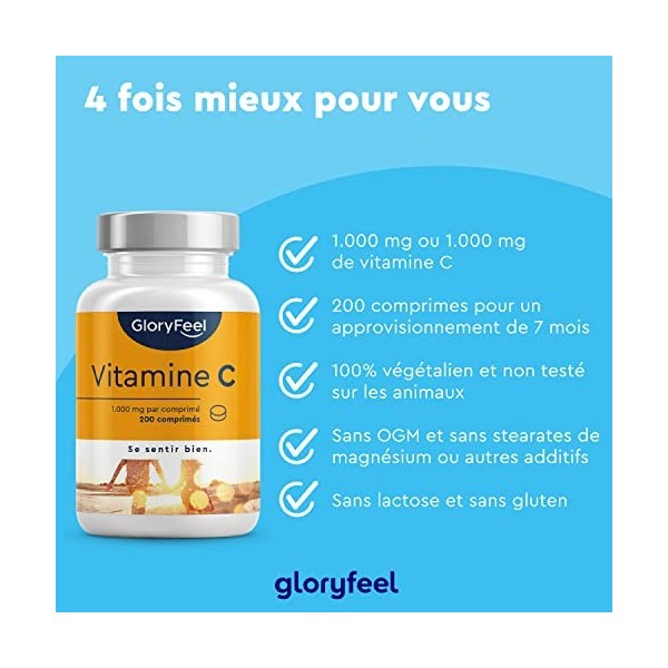 Vitamine C 1000mg 200 Comprimés Végétaliens 7 Mois , Vitamine C Hautement Concentré, Système Immunitaire*, Biodisponible, Sa