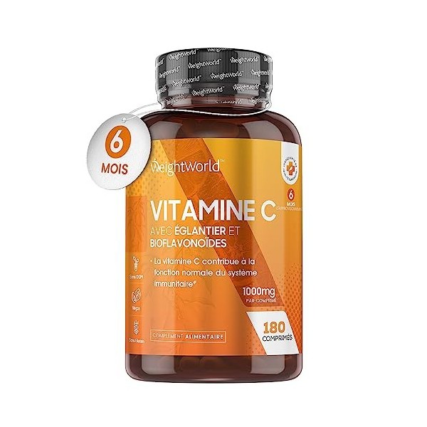 Vitamine C 1000mg Avec Cynorhodons Églantier & Bioflavonoïdes - 180 Comprimés Vegan 6 Mois - Vitamine C Complexe Acide L 