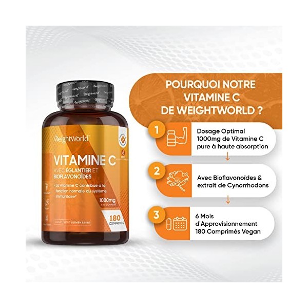 Vitamine C 1000mg Avec Cynorhodons Églantier & Bioflavonoïdes - 180 Comprimés Vegan 6 Mois - Vitamine C Complexe Acide L 
