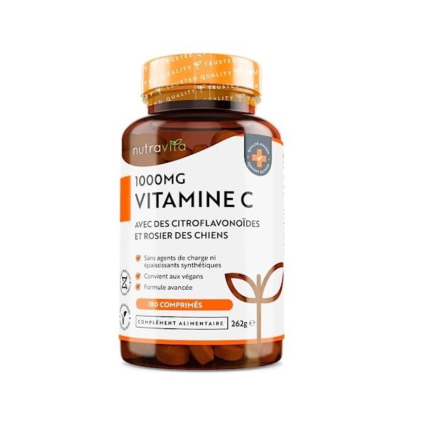 Vitamine C 1000 mg 180 Comprimés Vegan 6 mois Dosage Élevé & Hautement Biodisponible - Acide L Ascorbique avec Cynorhodons 