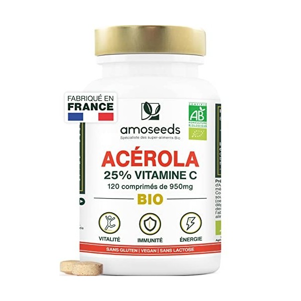 Acérola BIO, 25% Vitamine C Naturelle | 120 comprimés de 950mg à croquer | Anti-fatigue, Stress oxydatif, Immunité | Qualité 