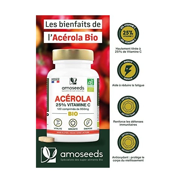 Acérola BIO, 25% Vitamine C Naturelle | 120 comprimés de 950mg à croquer | Anti-fatigue, Stress oxydatif, Immunité | Qualité 