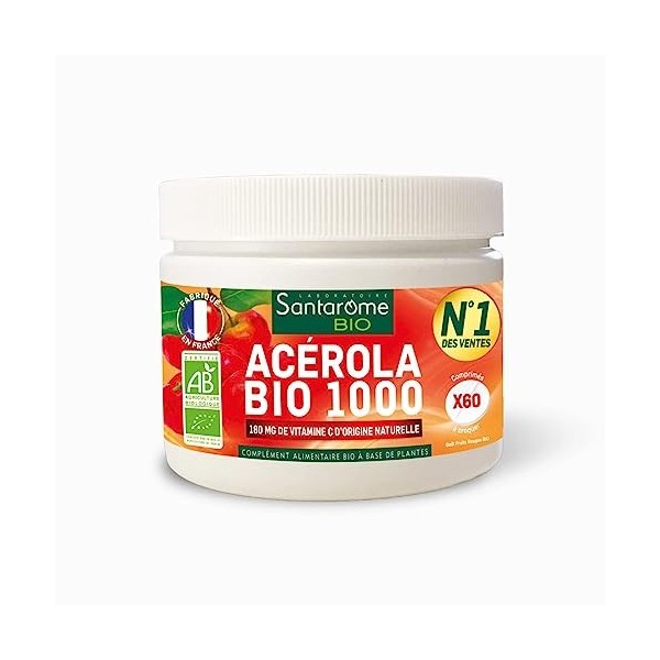 Santarome Bio - Acérola Bio 1000 - Très riche en Vitamine C naturelle - Tonifie & Renforce le Système Immunitaire - A base de