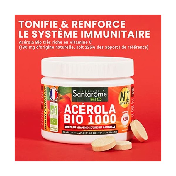 Santarome Bio - Acérola Bio 1000 - Très riche en Vitamine C naturelle - Tonifie & Renforce le Système Immunitaire - A base de