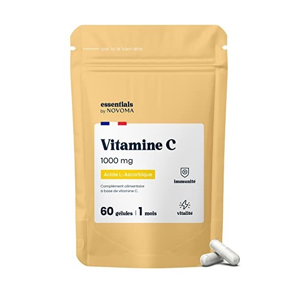 Vitamine C 1000mg, Cure de 1 mois, Réduit la Fatigue et Soutient le Système Immunitaire, 60 Gélules Végétales, 100% Acide Asc