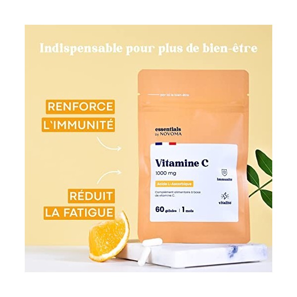 Vitamine C 1000mg, Cure de 1 mois, Réduit la Fatigue et Soutient le Système Immunitaire, 60 Gélules Végétales, 100% Acide Asc