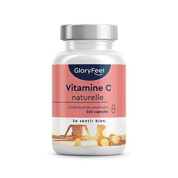 Vitamine C Pure 240 Capsules, Vitamine C Naturelle Acérola et Églantier, 400mg de Vitamine C Pure par Portion Quotidienne, 10