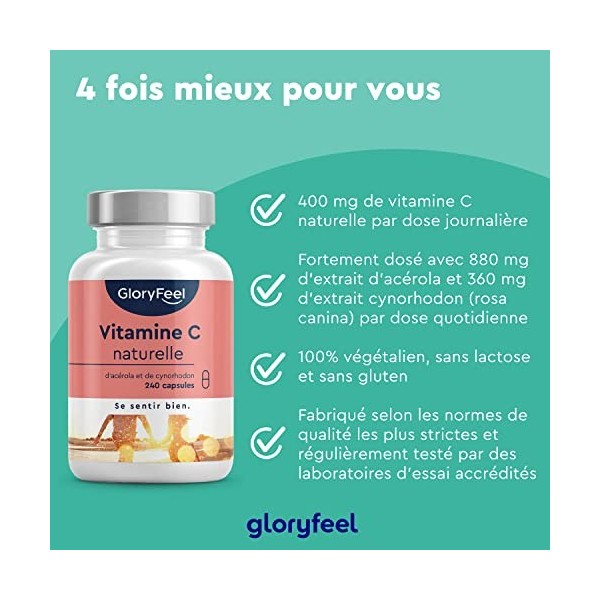 Vitamine C Pure 240 Capsules, Vitamine C Naturelle Acérola et Églantier, 400mg de Vitamine C Pure par Portion Quotidienne, 10