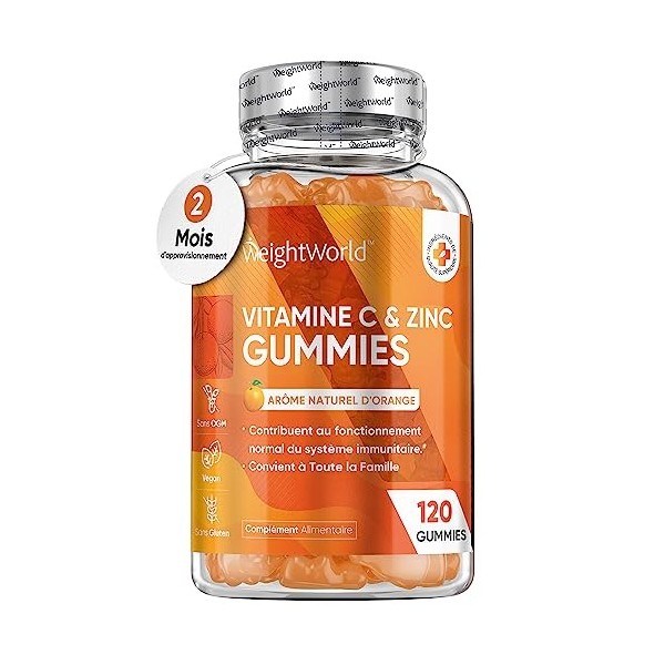 Vitamine C Gummies et Zinc - 120 Gummies Vegan 2Mois Pour Adultes & Enfants Dès 5ans - Arôme Naturel dOrange - 200mg Aci