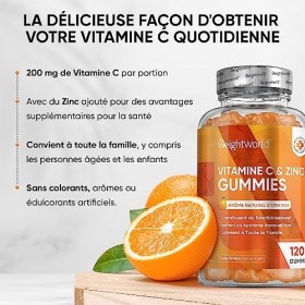 Vitamine C Gummies et Zinc - 120 Gummies Vegan 2Mois Pour Adultes & Enfants Dès 5ans - Arôme Naturel dOrange - 200mg Aci