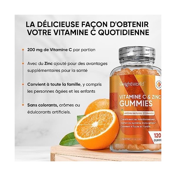 Vitamine C Gummies et Zinc - 120 Gummies Vegan 2Mois Pour Adultes & Enfants Dès 5ans - Arôme Naturel dOrange - 200mg Aci