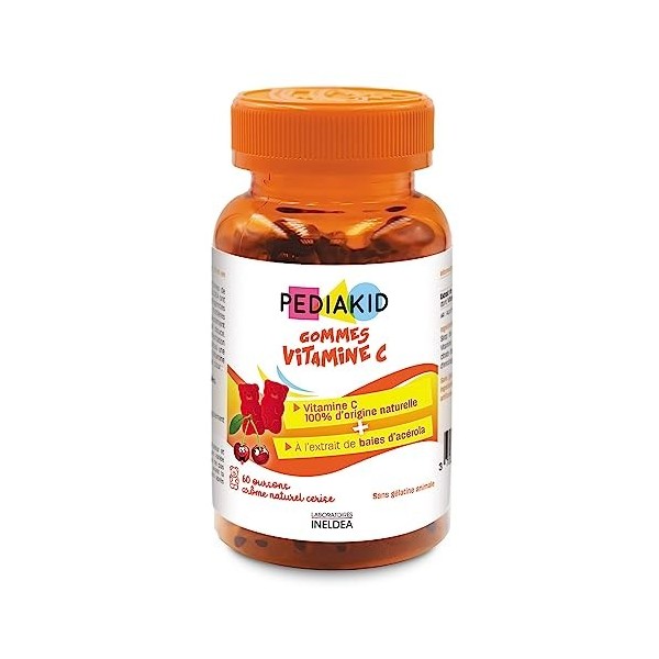 PEDIAKID - Gommes Vitamine C - Formule Naturelle au Délicieux Arôme de Cerise - Contribue à Réduire la Fatigue - Soutient le 