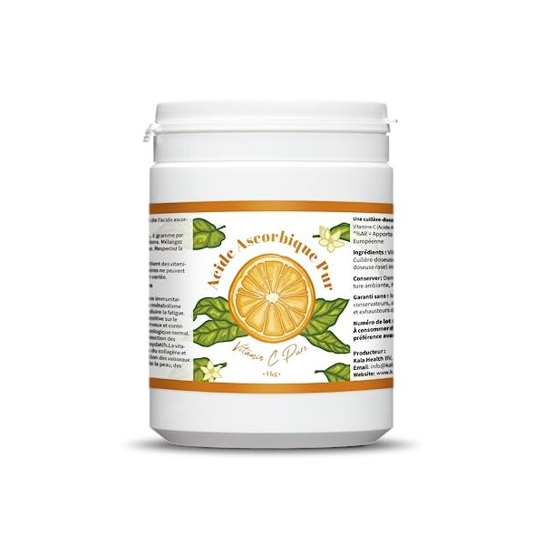 Kala Health - Vitamine C Pure 1 kg - Poudre de vitamine C - Acide ascorbique pur - Fourniture de 1000 jours x 1000 mg dosage 