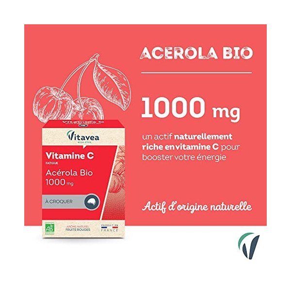 Vitavea - Complément Alimentaire Vitamine C Acérola 100% Bio - Acérola Biologique 1000 mg - Fatigue - Tonus et Vitalité - 24 