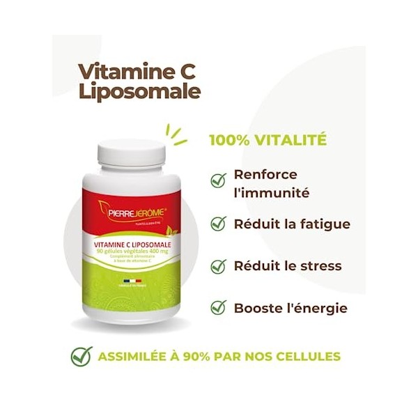 Pierre Jérôme - Vitamine C Liposomale 400mg - Assimilation Maximale - 90 gélules végétales - Fatigue, Stress, Energie, Systèm